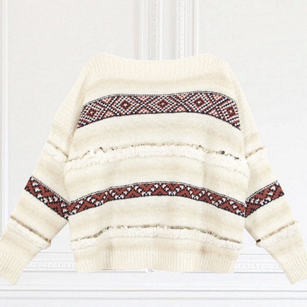 Cream Patterned Fringe Knit Sweater